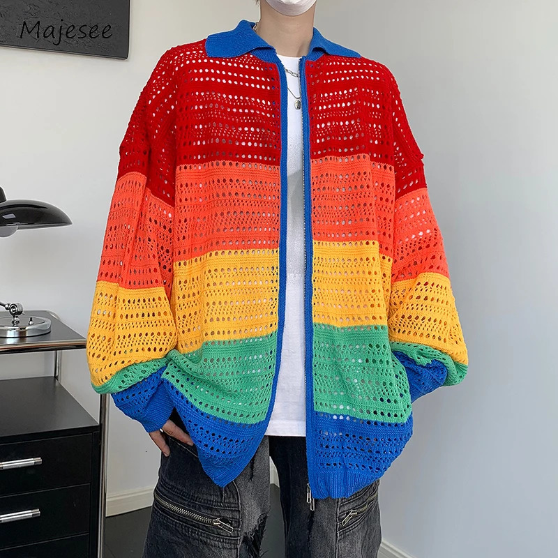 Rainbow cardigan mens loose lapel board stripe Y2K young vitality fashion senior daily knitting fashionable retro 241007