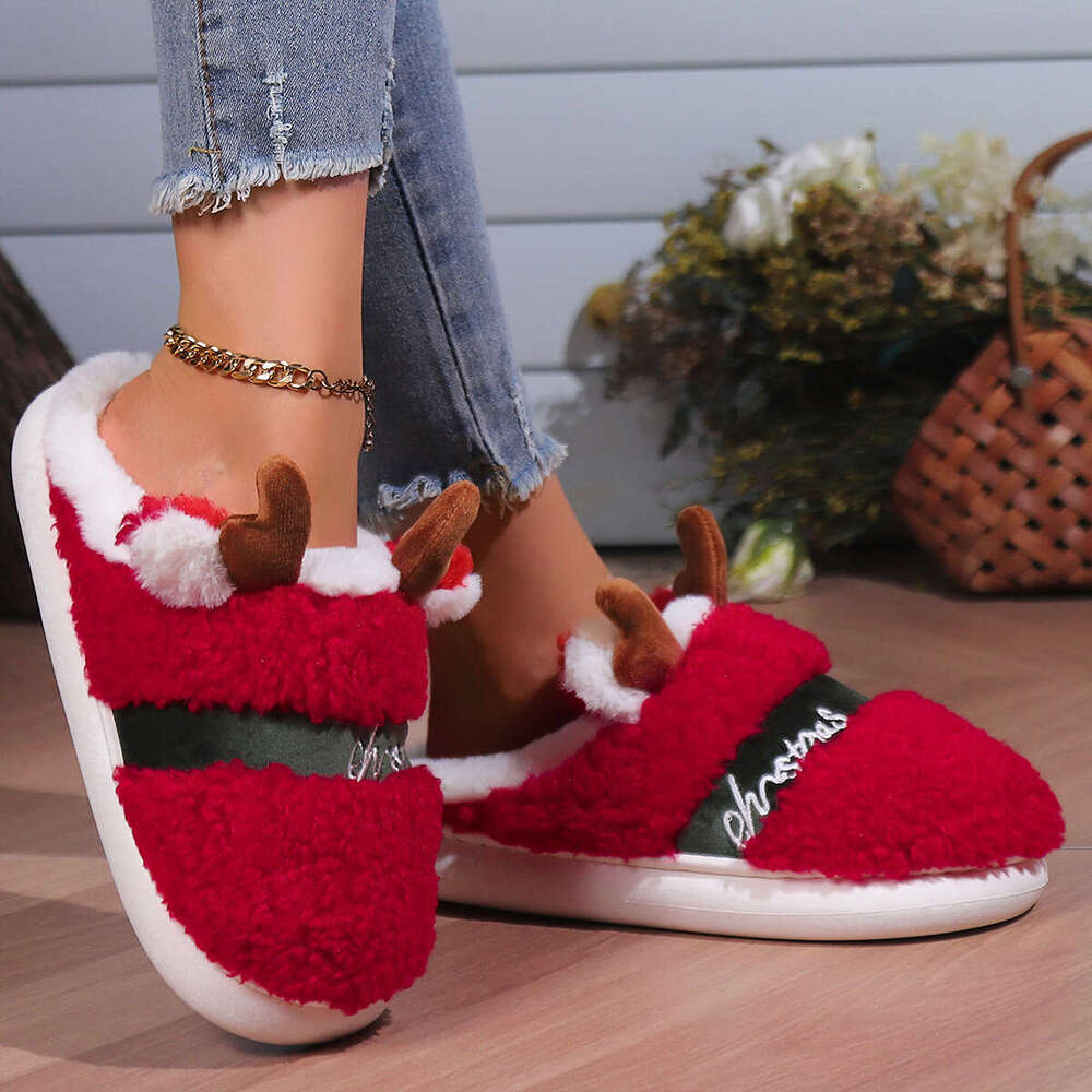 Women Shoes Christmas Reindeer Cotton Slippers Home Cotton Slippers Wear Resistant Anti Slip Warm Shoes Thick Velvet Slippers Red Winter Shoes High Qu