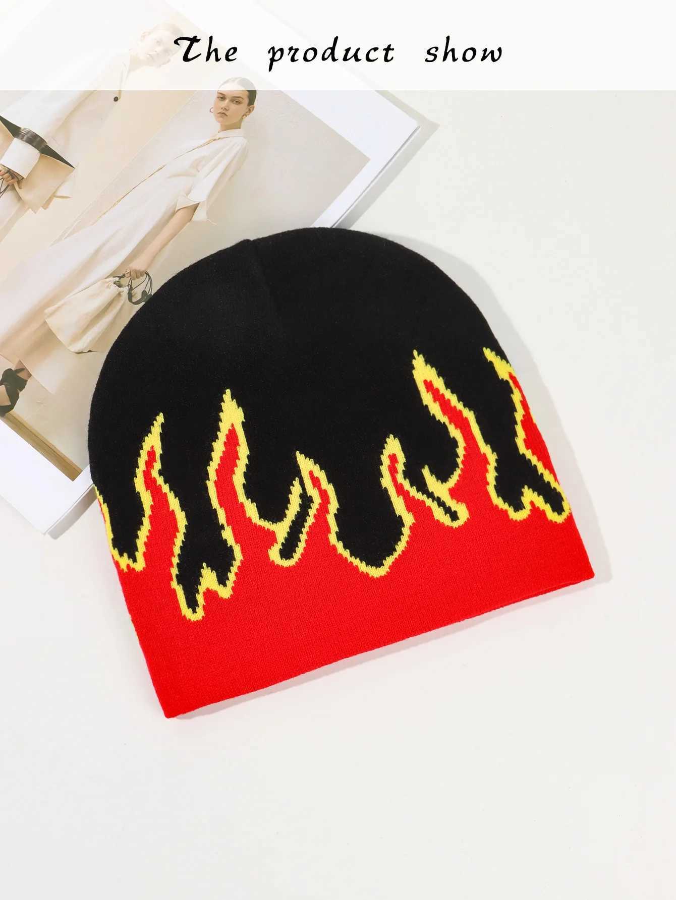 Beanie/Skull Caps Fashionrylic All Over Flame Pattern Beanie Custom Winter Knitted Hat Printed Jacquard Beanies H241010