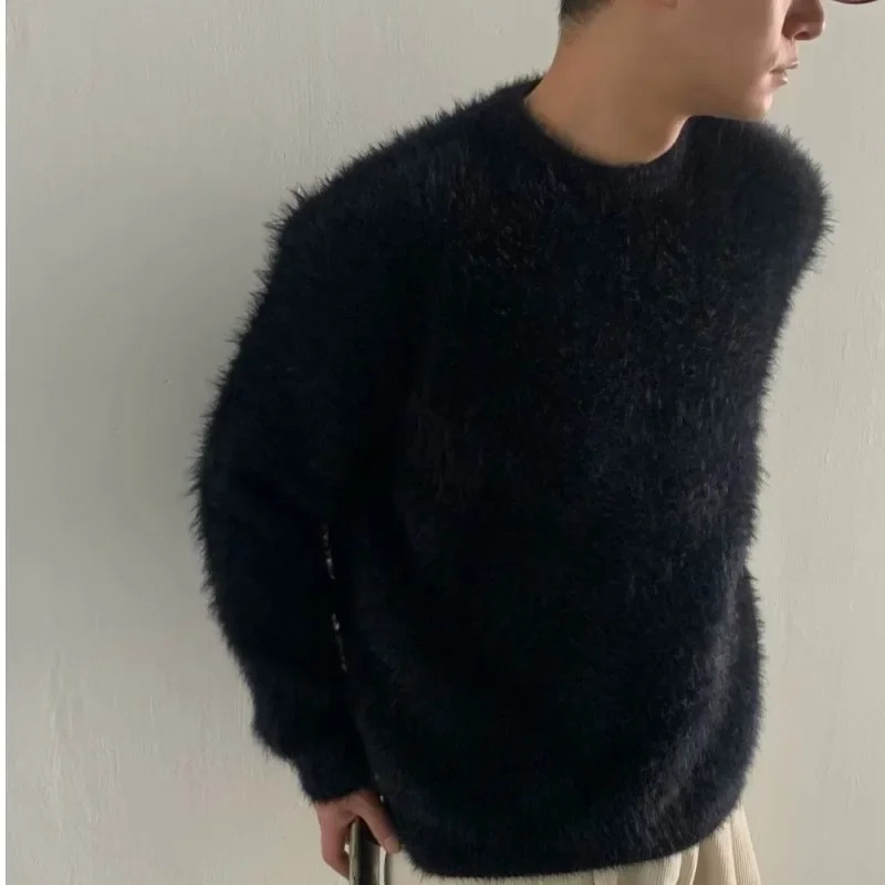 HOUZHOU Mohair Sweaters Men Korean Thicken Warm Knitting Autumn Winter Loose Casual Long Sleeve Pullovers Fleece Streetwear 241009