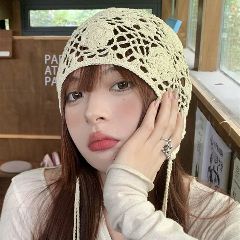 Spring and Summer Hollow Flower Pullover Hats for Women Japanese Cute Lace-up Thin Knit Hat Sweet Hand-woven Stacking Beanies 241007