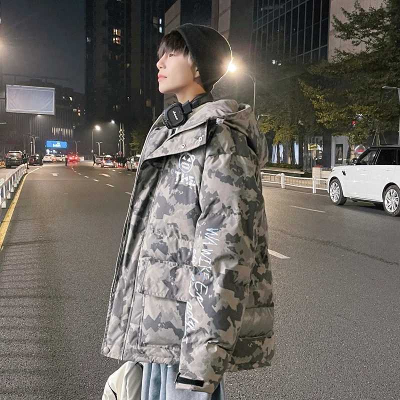 Men's Down Parkas Cotton apron jacket mens mid length winter thick Flce lining warm jacket hooded jacket fabric loose camouflage Y2410098X48