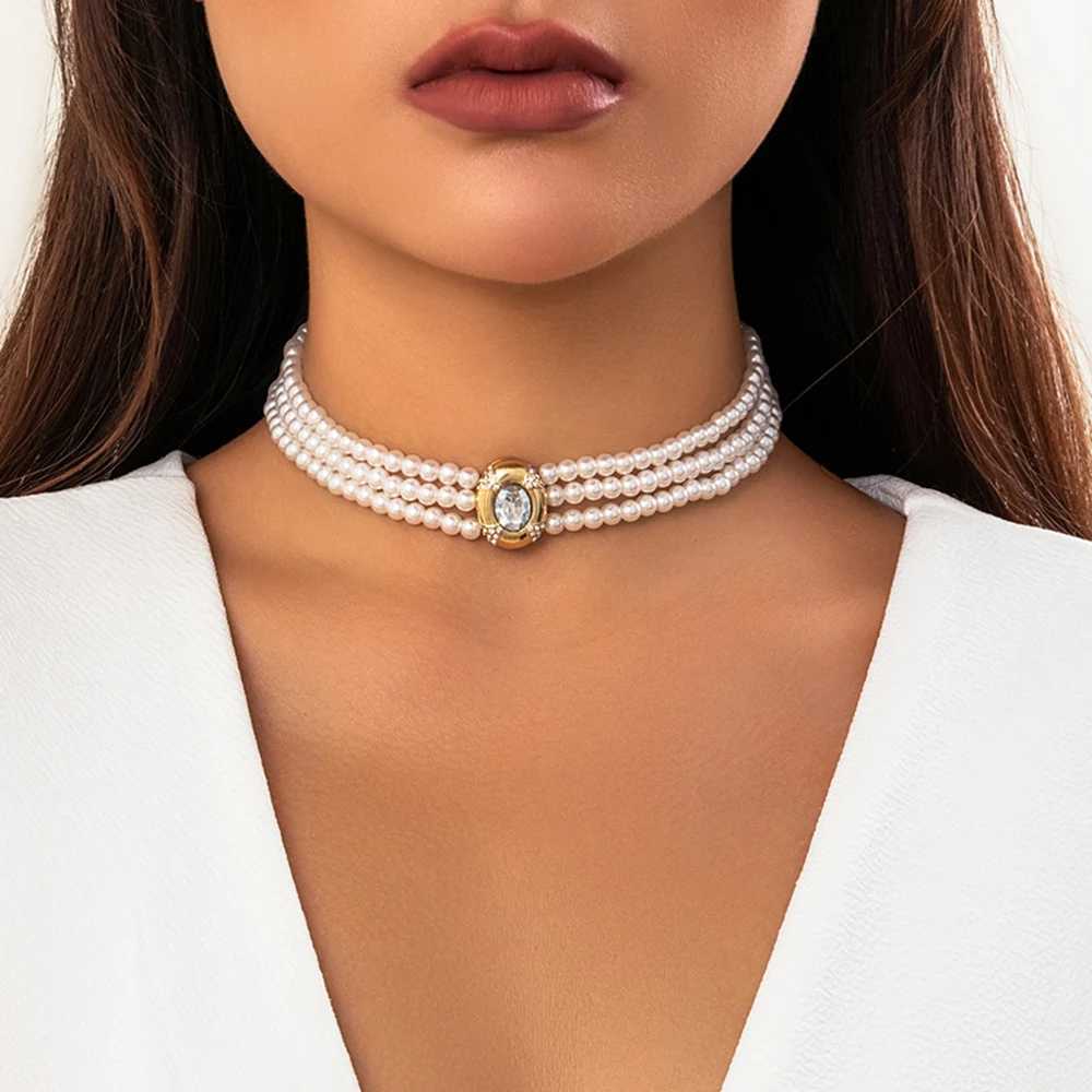 IngeSight.Z Vintage Multi-layer Imitation Pearls Choker Necklaces Women Luxury Oval Rhinestones Necklace Wedding Party JewelryX241009