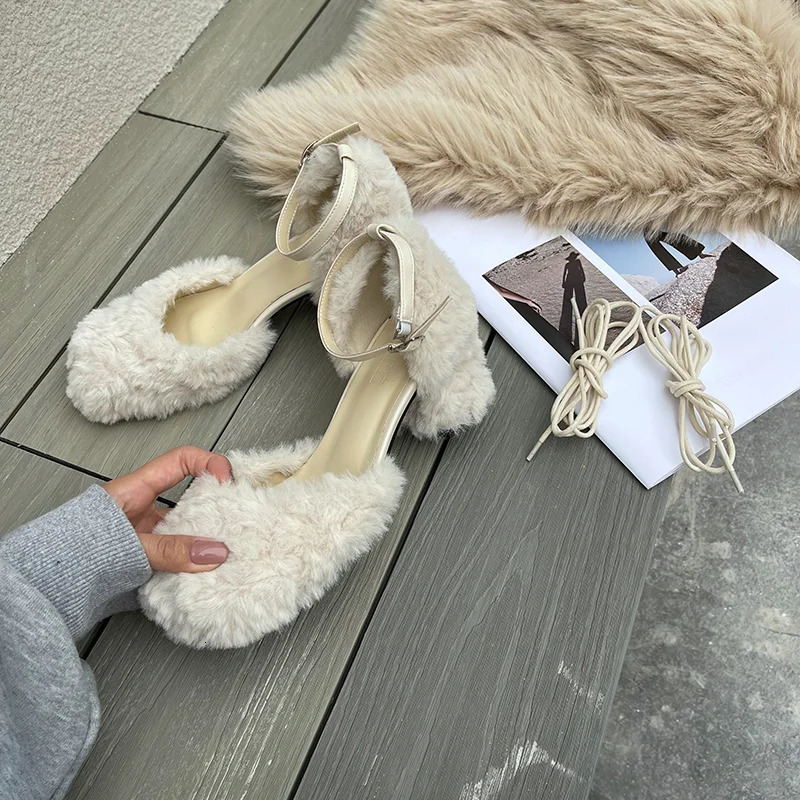Fur Slippers Womens Square Heel Shoes Women High-heeled Furry Drag Fashion Outdoor All-match Sandals Furry Slides Flip Flop 241010