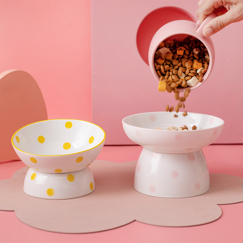 Cat and dog bowl ceramic high foot spine protection pet bowl slanted mouth cat and dog basin easy to clean ceramic pet food basin
