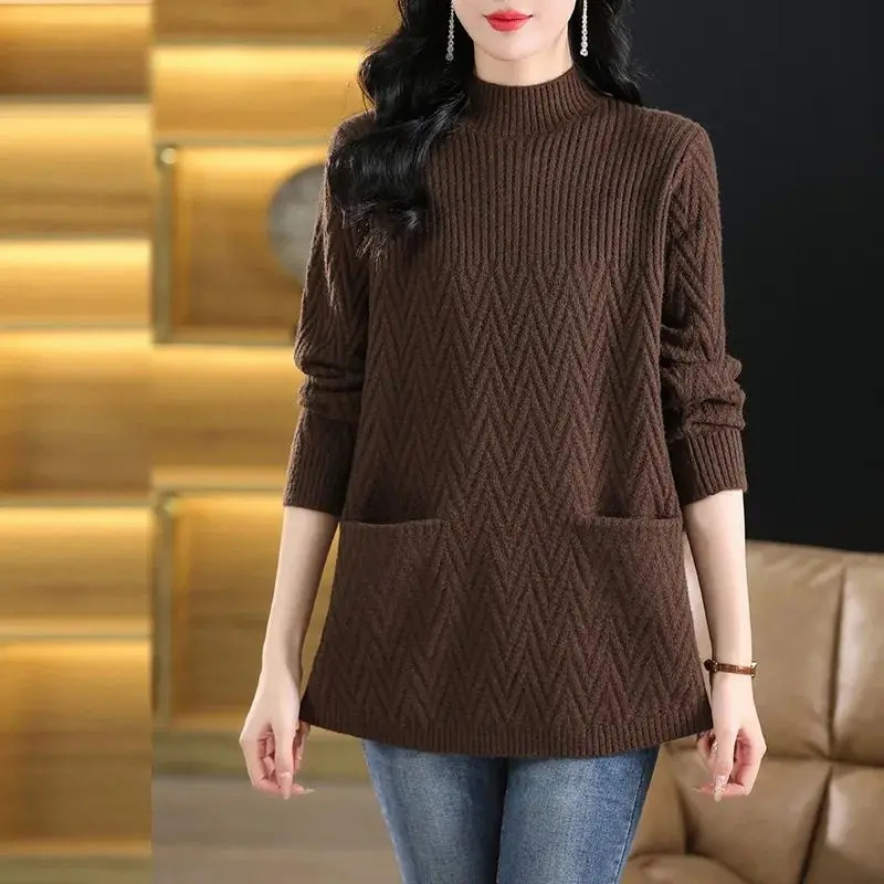 SummerAutumnWinter Womens Sweater Pulling Flower Solid Neck Pocket Threaded Fashion Long Sleeve Knitted Top 241007