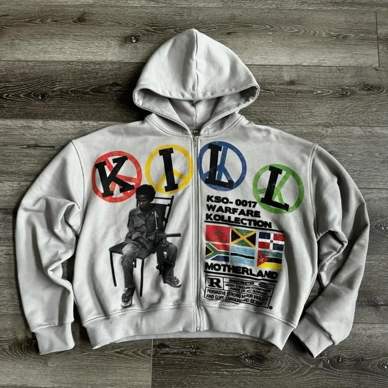 Y2K American Trendy Fashion Loose Zipper Hoodie Men Street Harajuku Versatile Cartoon Letter Print Oversized Jacket Women 240907