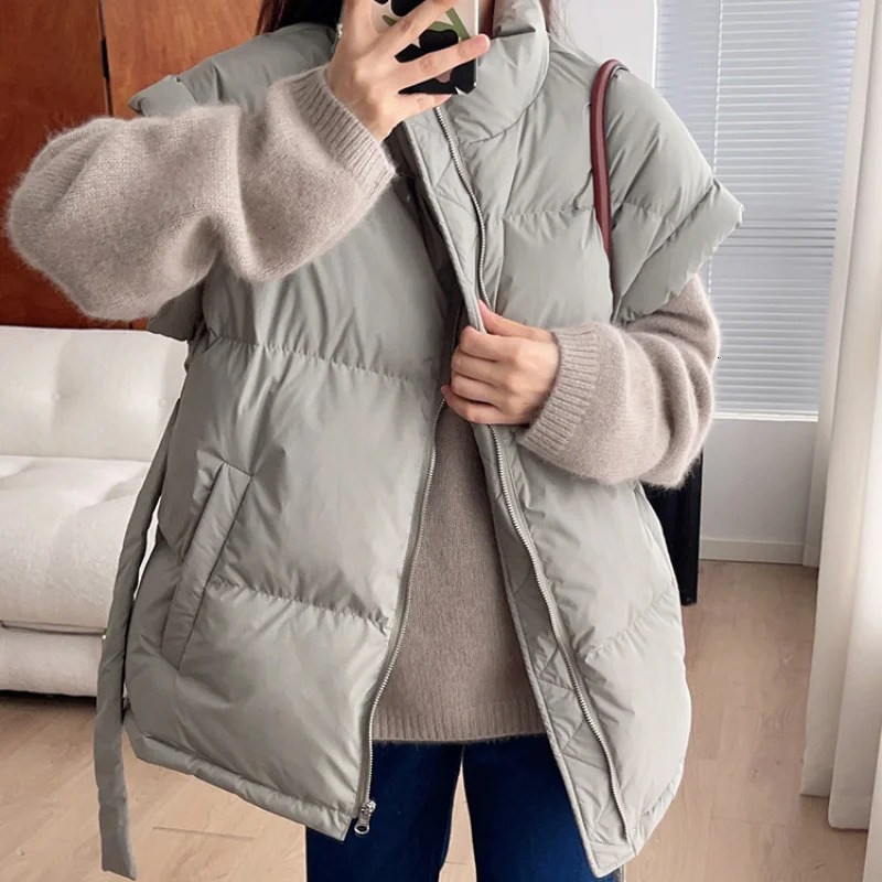 Womens short sleeved vest sleeveless jacket with waistband thick waisted coat loose warm waistcoat stand up collar Korean fashion 241009