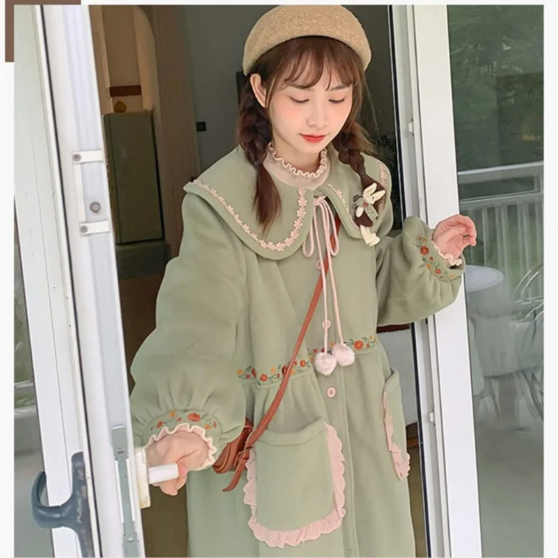 Women Coats Peter Pan Collar Ruffle Embroidered Single Breasted Coat Autumn Sweet Mid Length Large Pocket Lady Clothing 240930