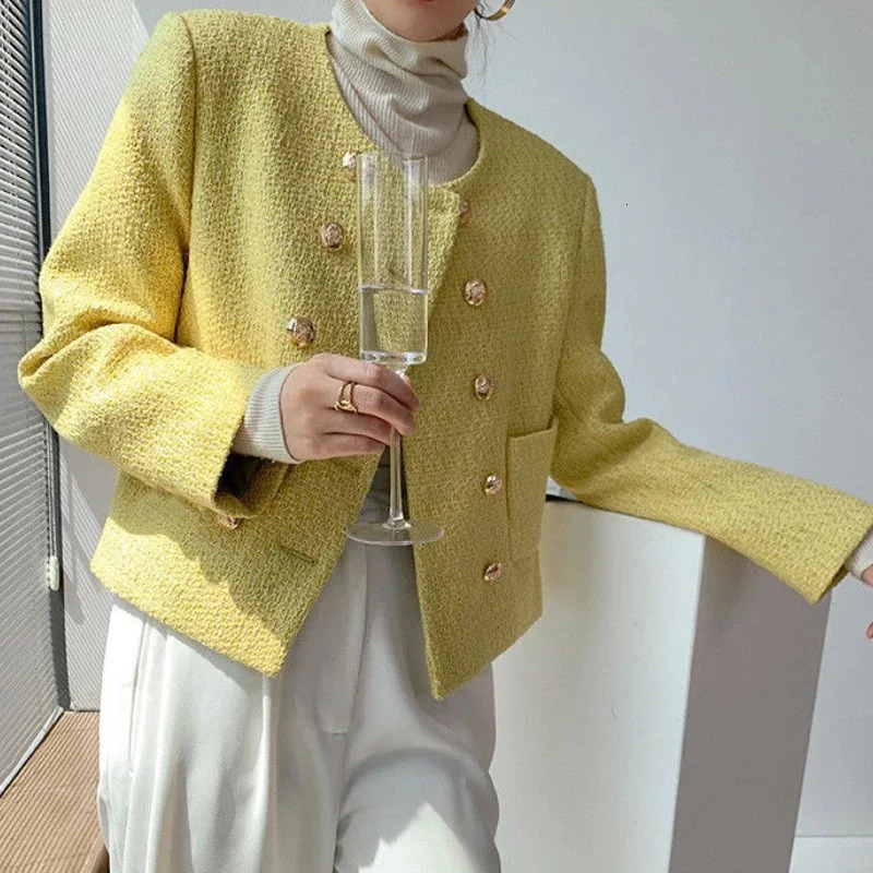 Autumn yellow coarse woolen womens jacket temperature version short sleeved womens jacket Korean fashion elegant winter jacket women 240930