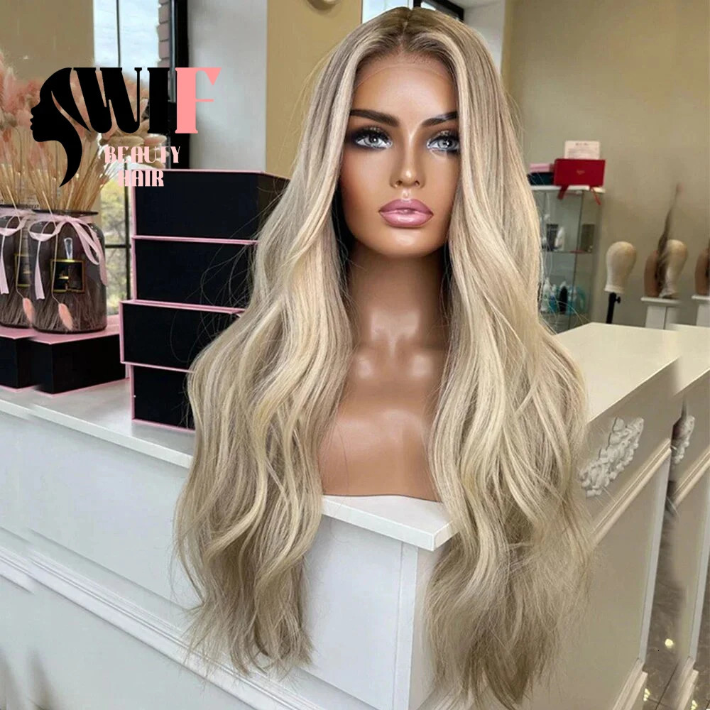 WiFi Body Wave Ombre Blonde Synthetic Lace Wig Long Wave Natural Hair Hagen Grey Blonde Lace Front Wig Makeup Use Hair 241007