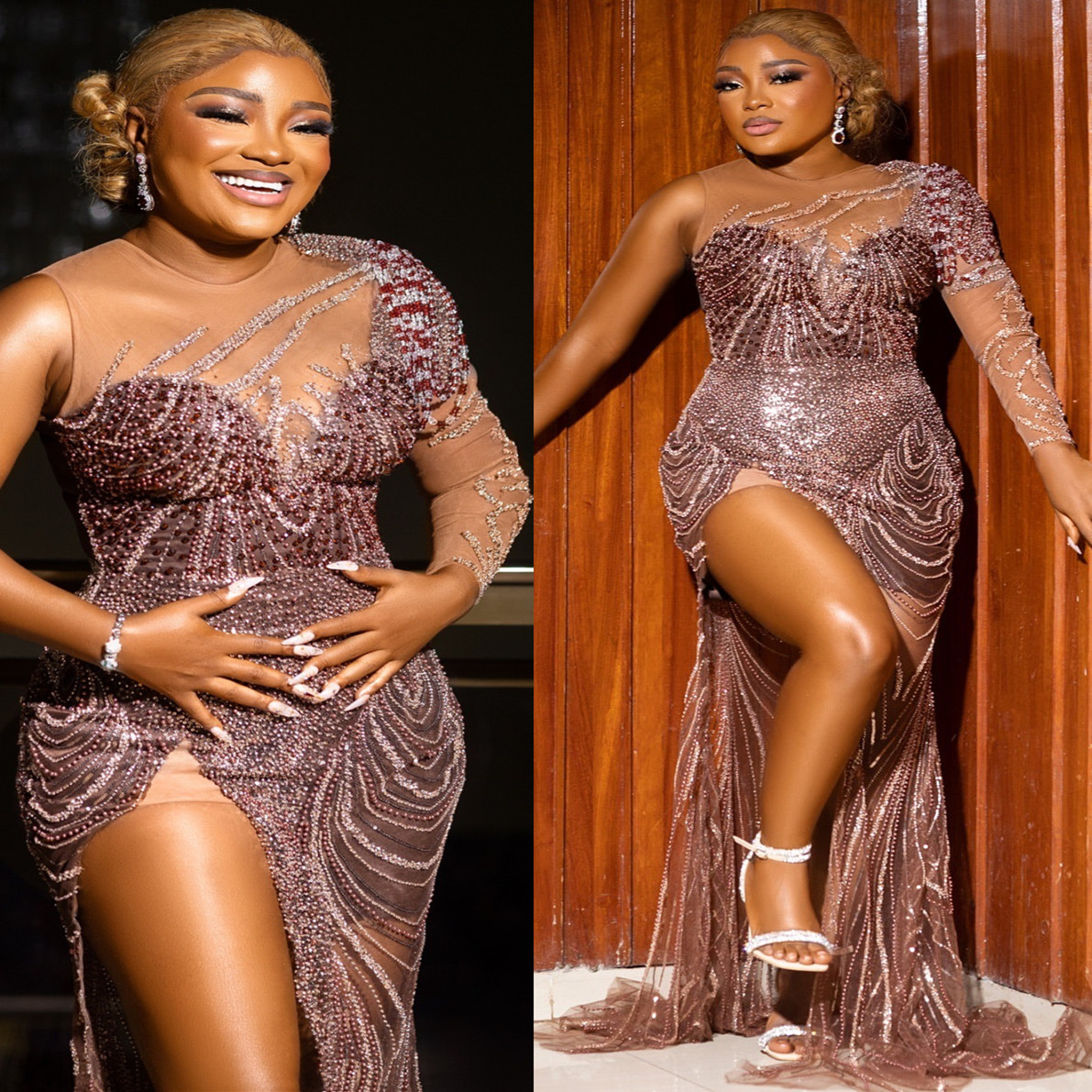 Aso Ebi 2024 Brown Illusion Mermaid Prom Dresses Beaded Sequined Lace High Split Evening Formal Party Second Reception Birthday Gowns Dress For Specia