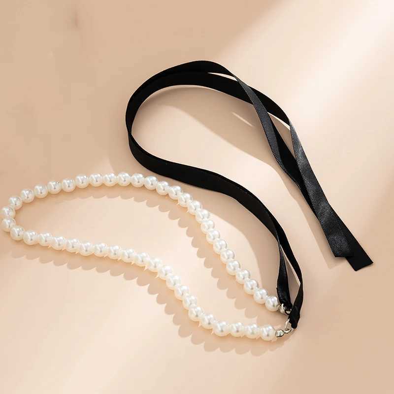 Trend Wedding Party Jewelry Long Black Ribbon Choker Necklace For Women Elegant White Imitation Pearl Beach Vacation NecklacesX241009