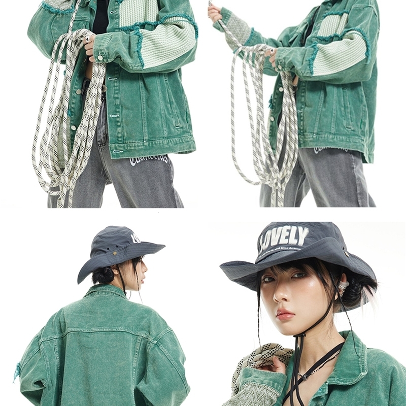 Arrival Green Patchwork Men Women Unisex Denim Jean Jacket Coat Bomber Shirt Casual Couple Retro Vintage Streetwear Autumn 240913