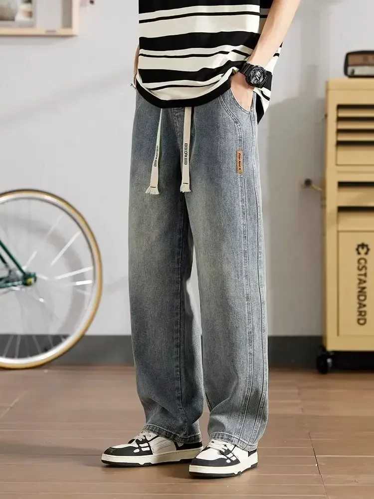 Mens Jeans American Loose Straight Casual Wide Pants Cotton Casual Vintage Male Baggy Denim Trousers Blue BlackX241009