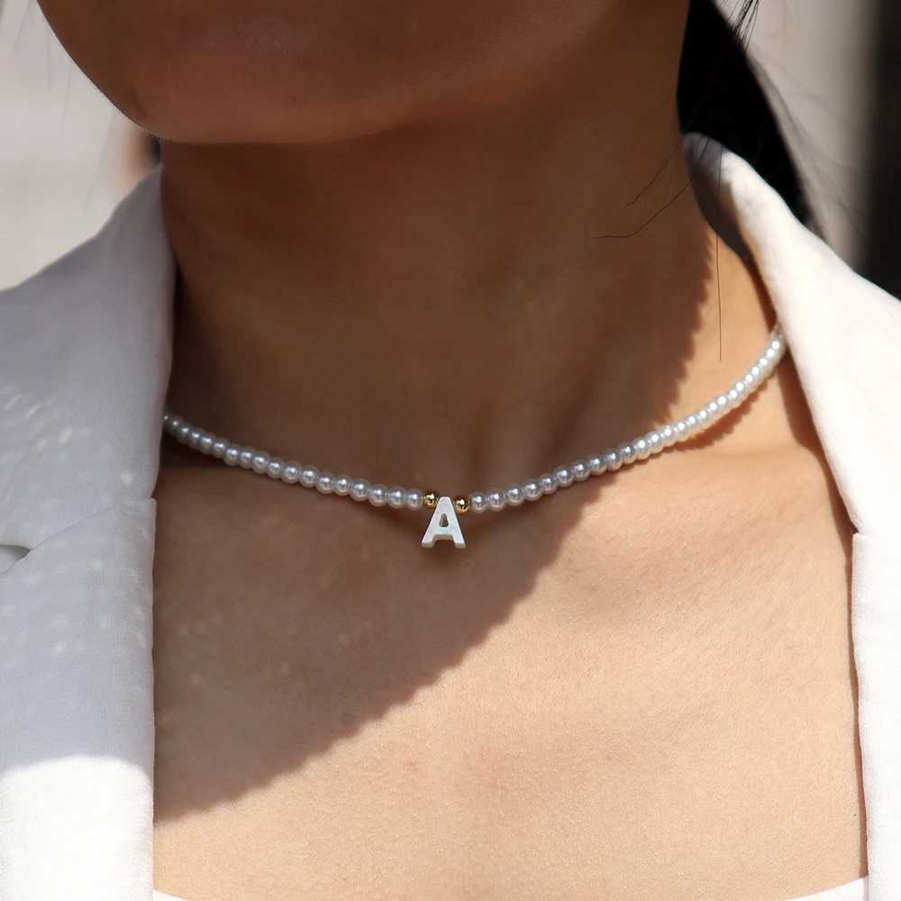 New Fashion 26 Initial Letter Pendant Necklace Women Simple Imitation Pearl Bead Necklace For Women Jewelry GiftX241009