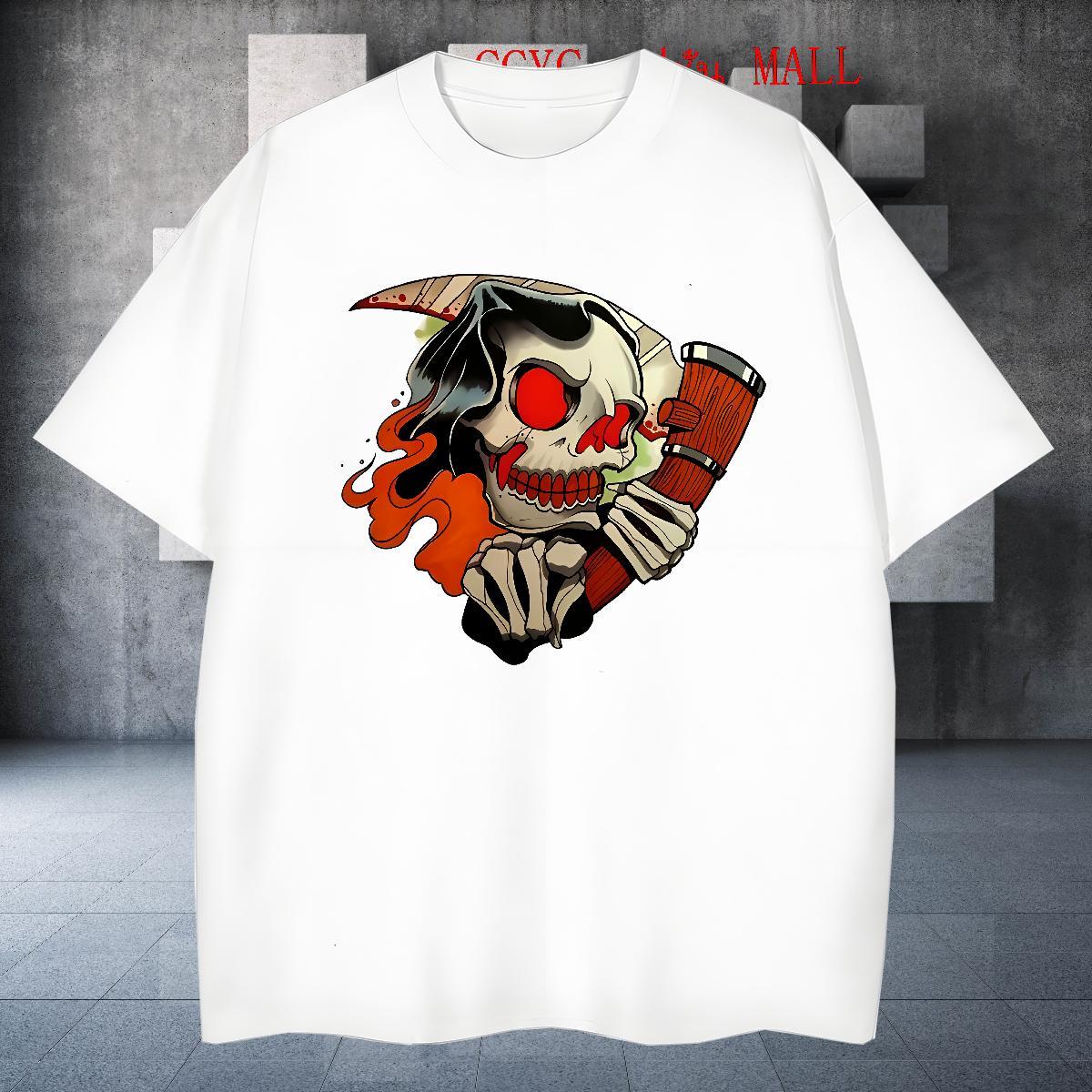 Loose Fit T-Shirts for Men 100% Cotton 230g skull High Street Hip Hop Black Oversized Breathable Short Sleeve Men Clothes T-Shirt Brand Polos