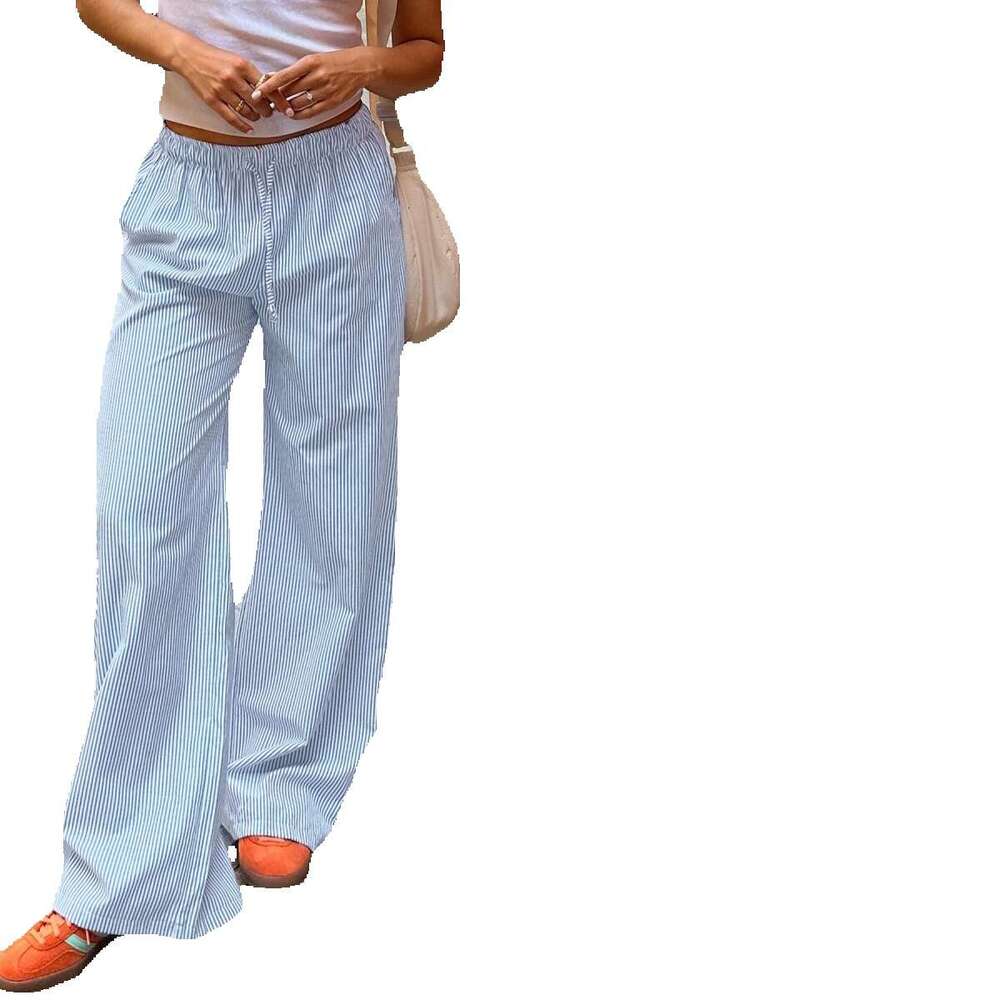Womens Striped Patchwork Contrasting High Waisted Drawstring Loose Straight Woven Fashionable Casual Comfortable Pants New Arrival Solid Color Fashion