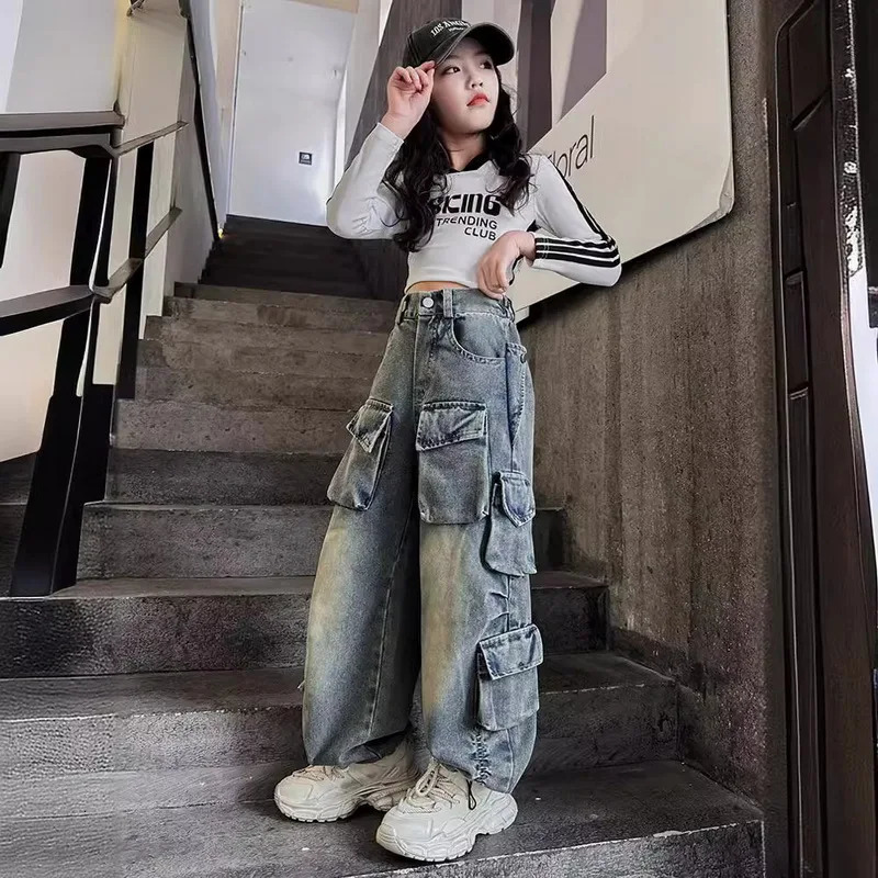 Womens cargo jeans spring loose casual elastic waist wide leg pants for teenagers streetwear childrens Trousers 241008