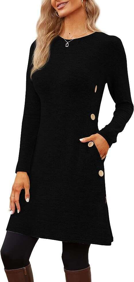 2024 long sleeved low round neck button up side dress with pockets womens clothing