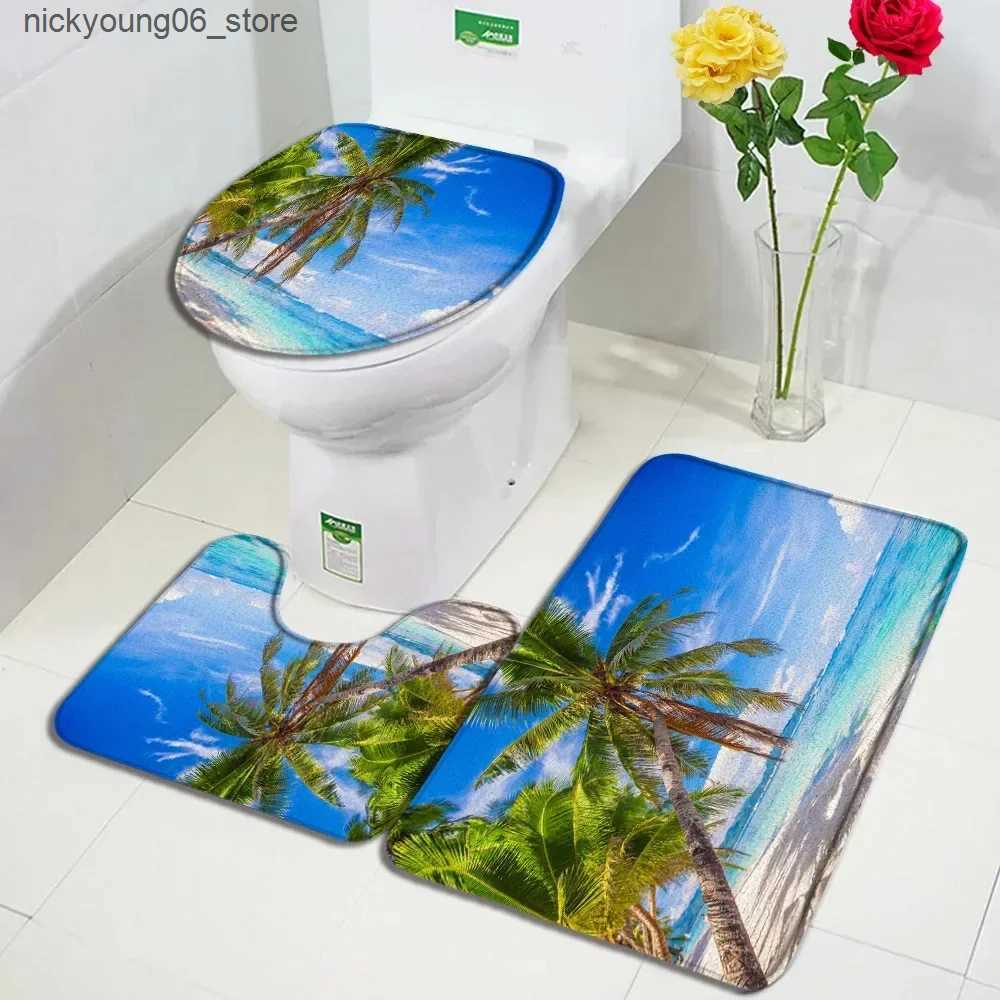 Non-Slip Bath Mats Sea Waves Beach Bath Mat Set Green Palm Leaves Ocean Hawaiian Nature Scenery Bathroom Decor Carpet Non-Slip Rug Toilet Lid Cover L2