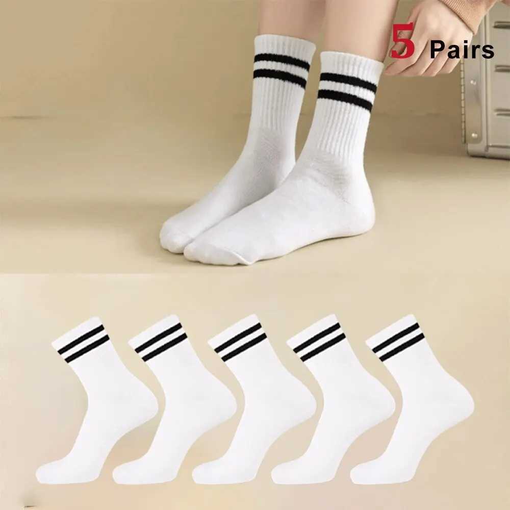 5 pairs of womens mid length socks with solid color parallel stripes Simp Fashionab sweatshirt Absoing high-quality womens socksW241010