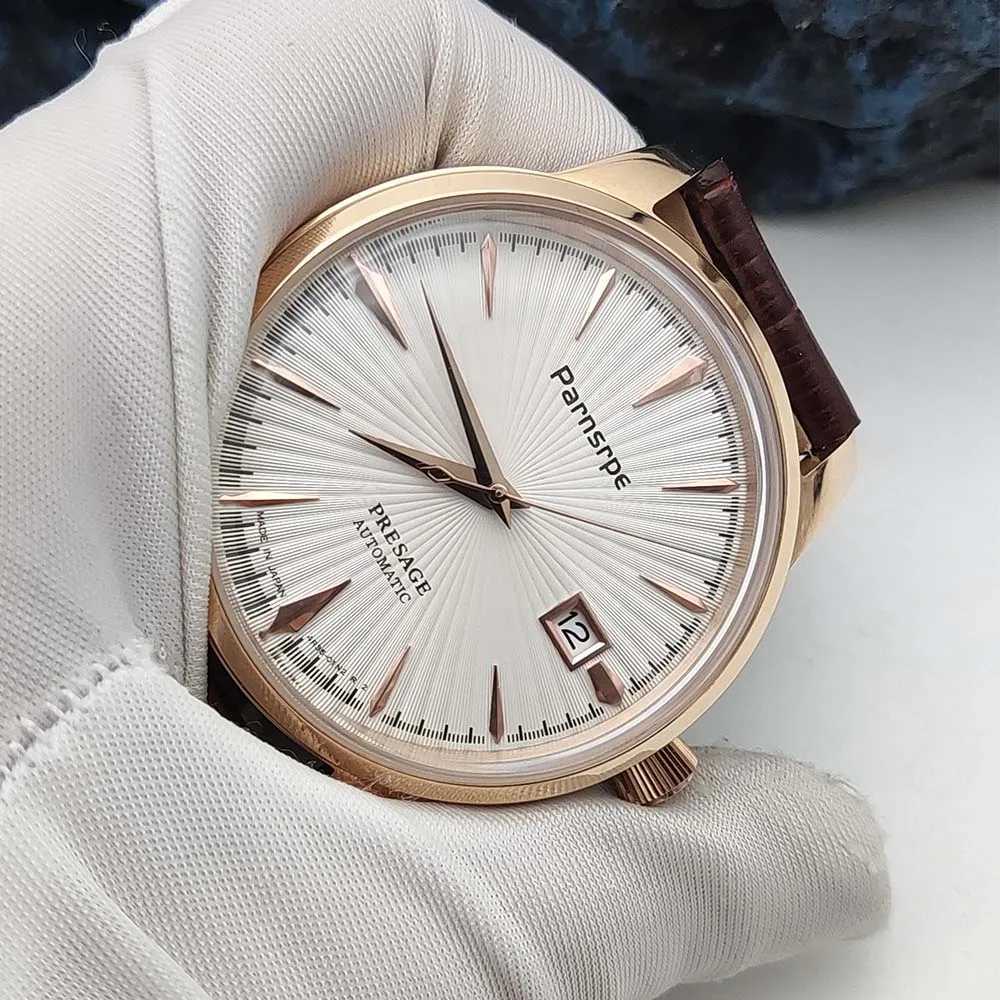 Parnsrpe Mens Mechanical Watch NH35 Movement Vintage Round Rose Gold Case Premium Leather Strap 40mm Mens WatchX241010