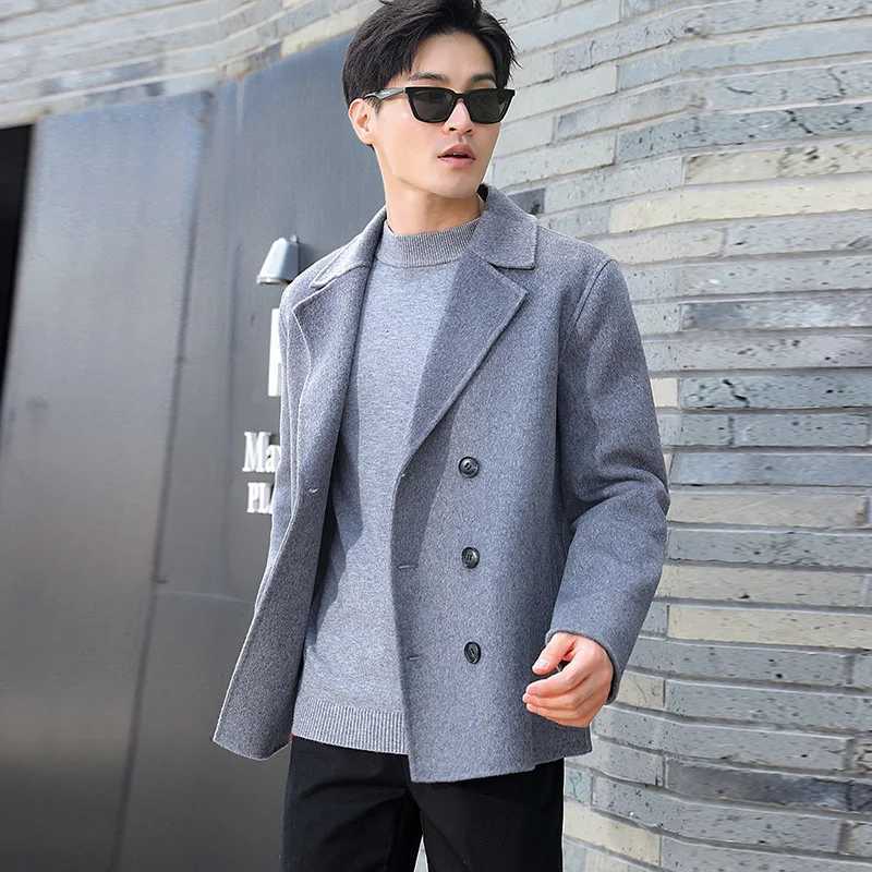 Autumn And Winter Handmade Mens Double-Sided Suit Collar Korean Version 100% Merino Wool Coat Cashmere Business Coat Short Top LX241010