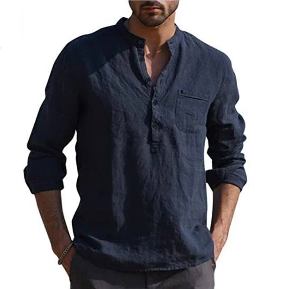 Cotton Linen Mens Long-Sleeved Shirts Summer Solid Color Stand-Up Collar Casual Beach Style Plus Size 241010