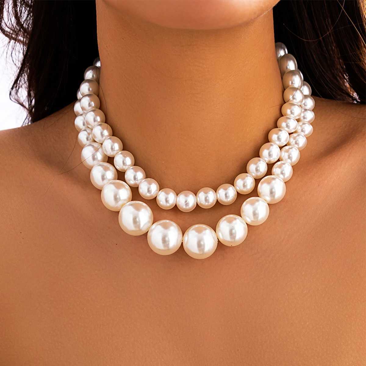 2Pcs/Set Luxury Elegant Big Imitation Pearl Choker Necklace for Women Exaggerated Multilayer Beaded Collar Chain Wedding JewelryX241009