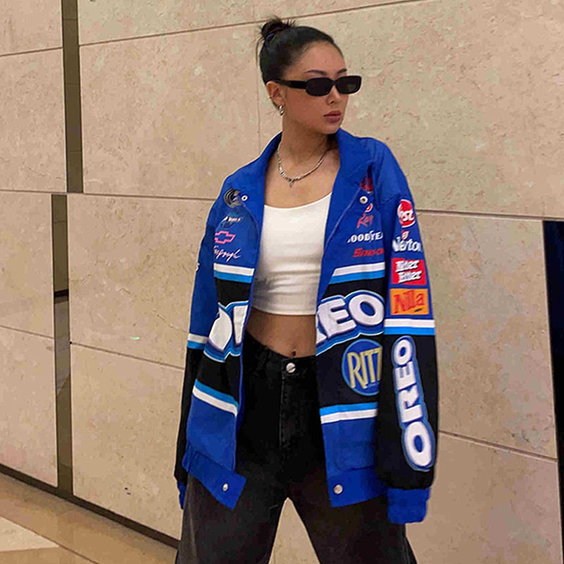 2023 Winter New Cross border Amazon Sports Style Blue Printed Casual Loose Long Sleeve Windbreaker Jacket