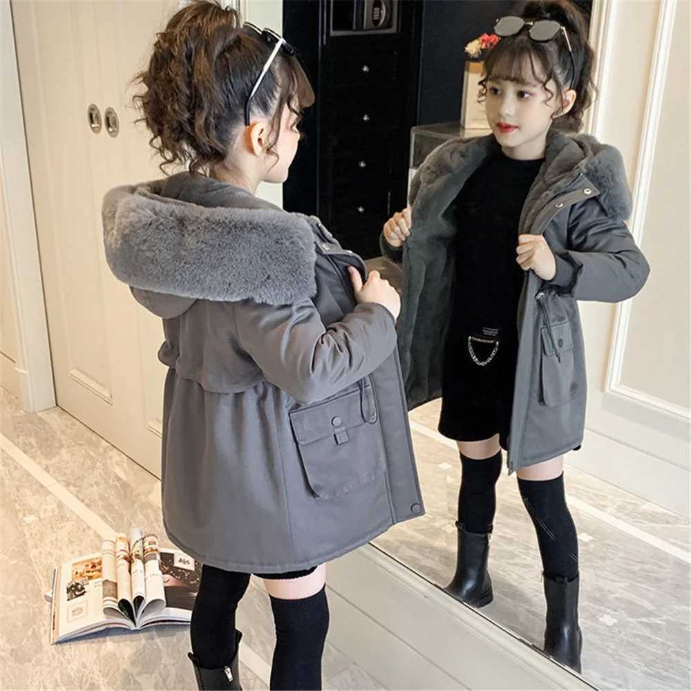 Down Coat Girl clothes Winter Long faux fur coat Warm Plus Velvet Cotton jacket s Thicken Parka children Clothing Hooded Outerwear H241010