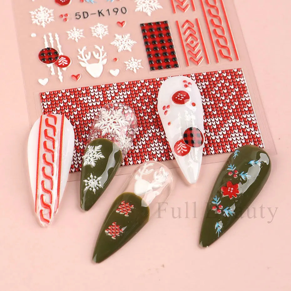 5D Merry Christmas Nail Stickers Cute Snowman Elk Embossed Snowflake Sweater Slide Year Decoration LA5D-K193 241008