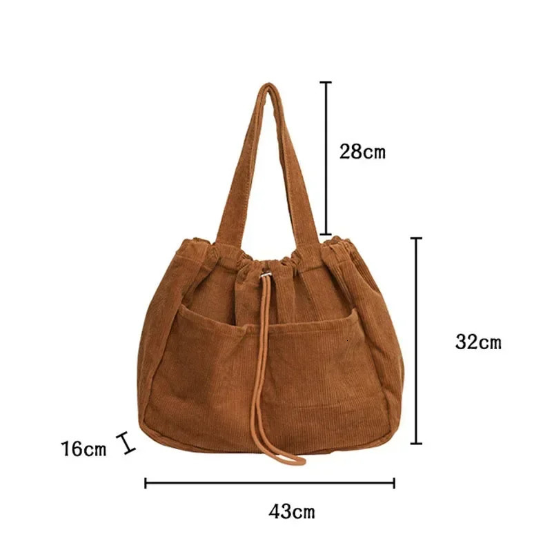 Simple casual handbag Corduroy shoulder bag for teenage students womens large drawstring handbag womens shopping bag 241008