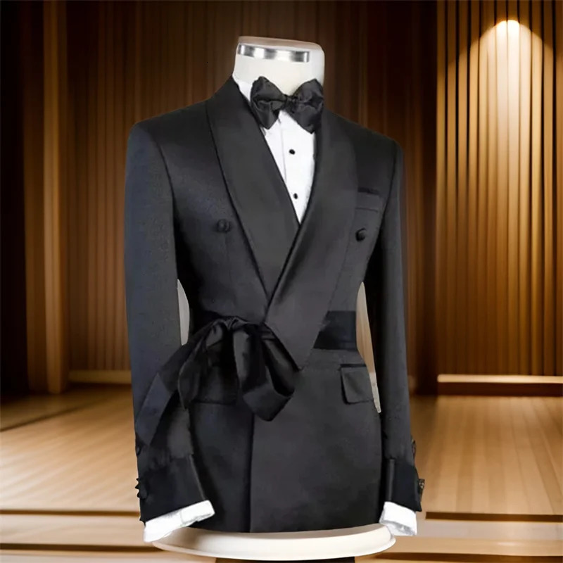 Mens wedding double corset jacket shawl lapel ultra-thin fit with belt 1 fashionable jacket 241009