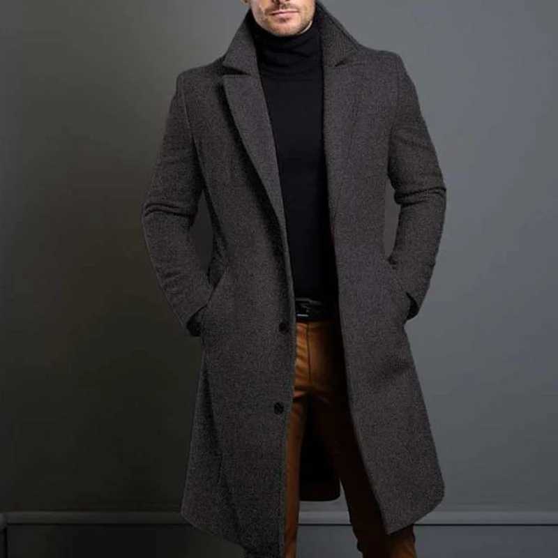New Mens Mid Length Woolen Coat Winter Mens Single Breasted Wool Coat 2024 Mens Suit Collar Solid Color Office Pocket Jacket LX241010