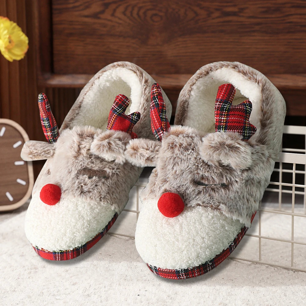 Women Christmas Elk House Slippers Non-slip Plush Cotton Slippers Cozy Reindeer Soft Shoes for Cold Weather Home Indoor 241010