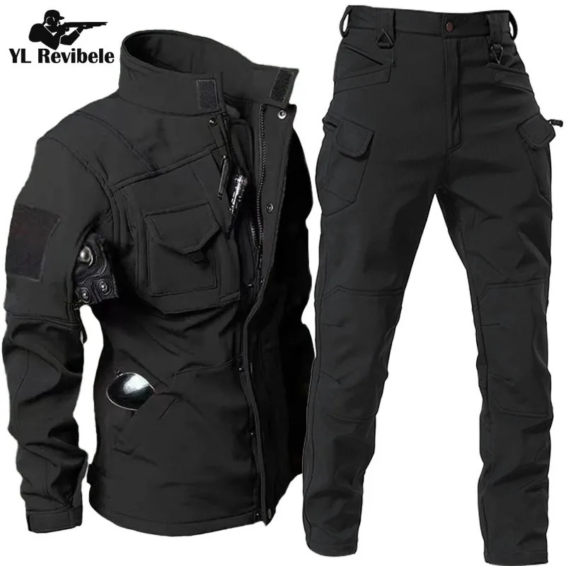 Winter tactical suit mens outdoor military multi pocket jacketdurable straight cargo pants 2-piece set military waterproof suit 240925