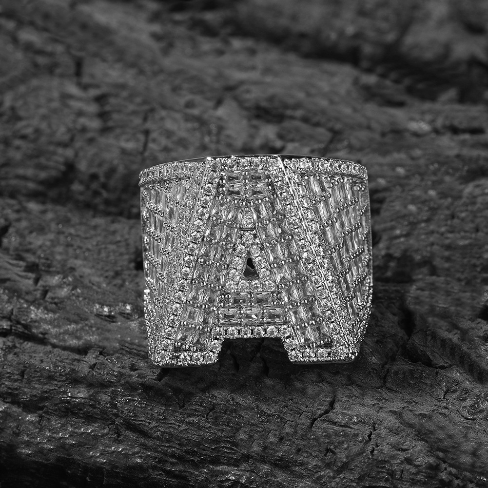 Hip Hop Custom 925 Sterling Silver Cz Moissanite Rings Jewelry Iced Out 18K Gold Plated A-Z Letter Ring For Men