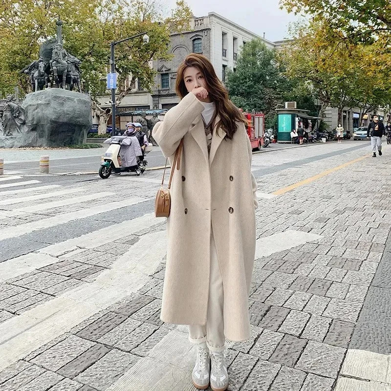 Pink Single-layer Thin Overcoat Womens Autumnwinter Style Korean Loose-fit Medium-length Woolen Jacket 241010