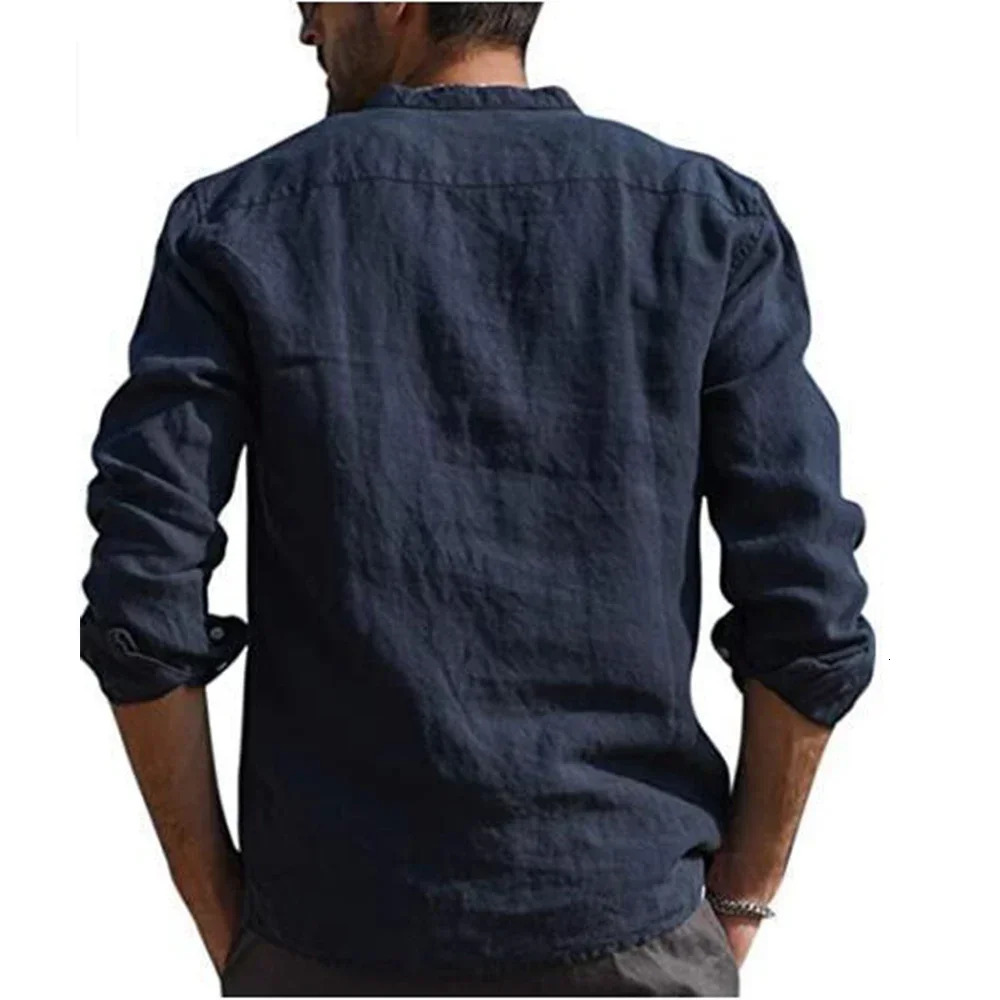 Cotton Linen Mens Long-Sleeved Shirts Summer Solid Color Stand-Up Collar Casual Beach Style Plus Size 241010