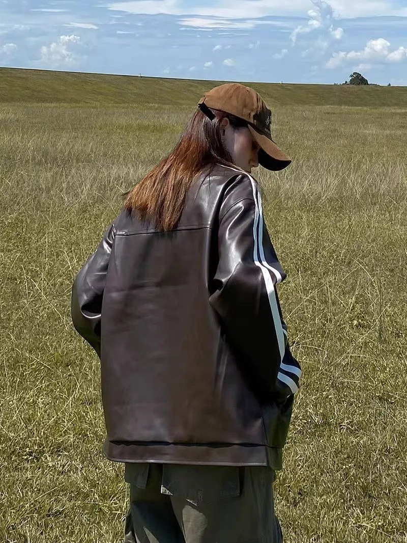 Y2K American geometric pink leather jacket for womens street retro fashion sweet and cool motorcycle style PU leather jacket 241011