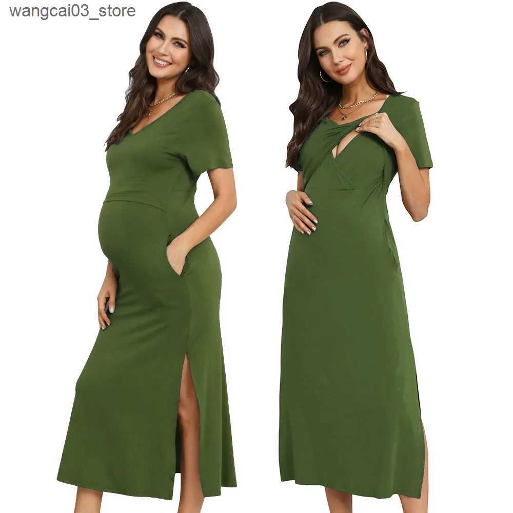 Maternity Dresses Summer Premama Nursing Dress Solid Short Sleeve Pregnant Women Baby Shower Breastfeeding Dresses Maternity Clothing Photoshoots L240
