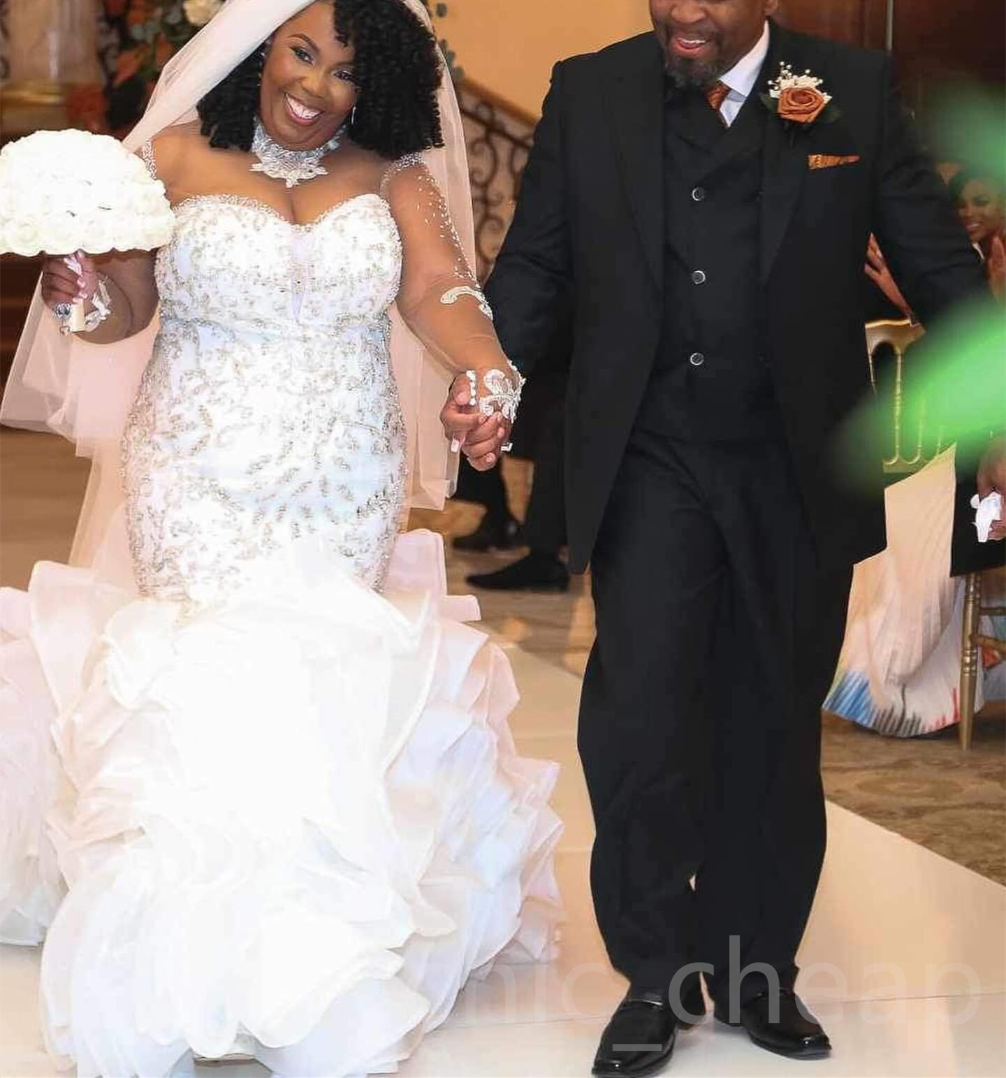 2024 Arabic Aso Ebi Plus Size Off White Mermaid Wedding Dresses Beaded Rhinestones Lace Full Sleeves Organza Vintage Elegant Bridal Gowns Dress ZJ64