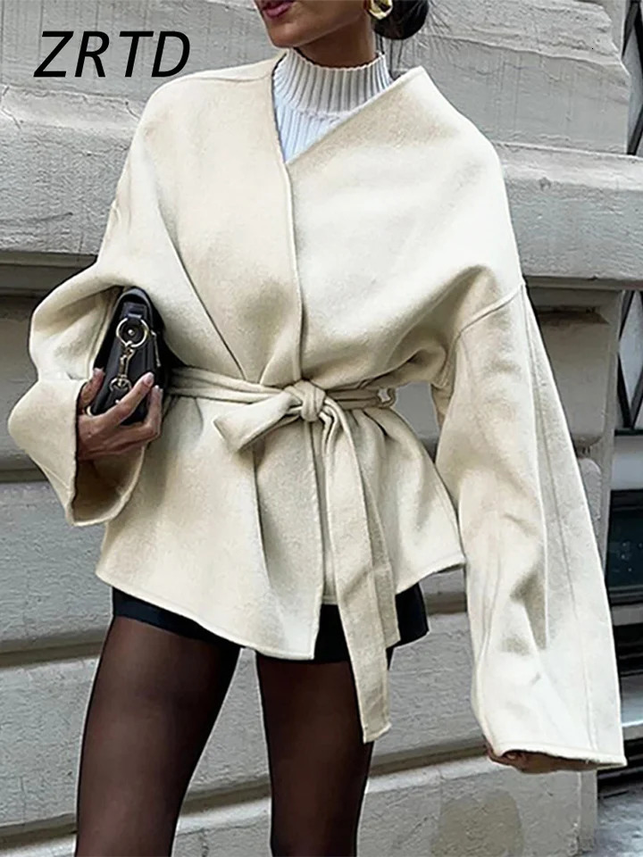 Elegant Fleece Coat With Belt Women Loose Vneck Long Sleeve Lace Up Patchwork Jacket 2024 Autumn Winter Solid High Street Coats 241008