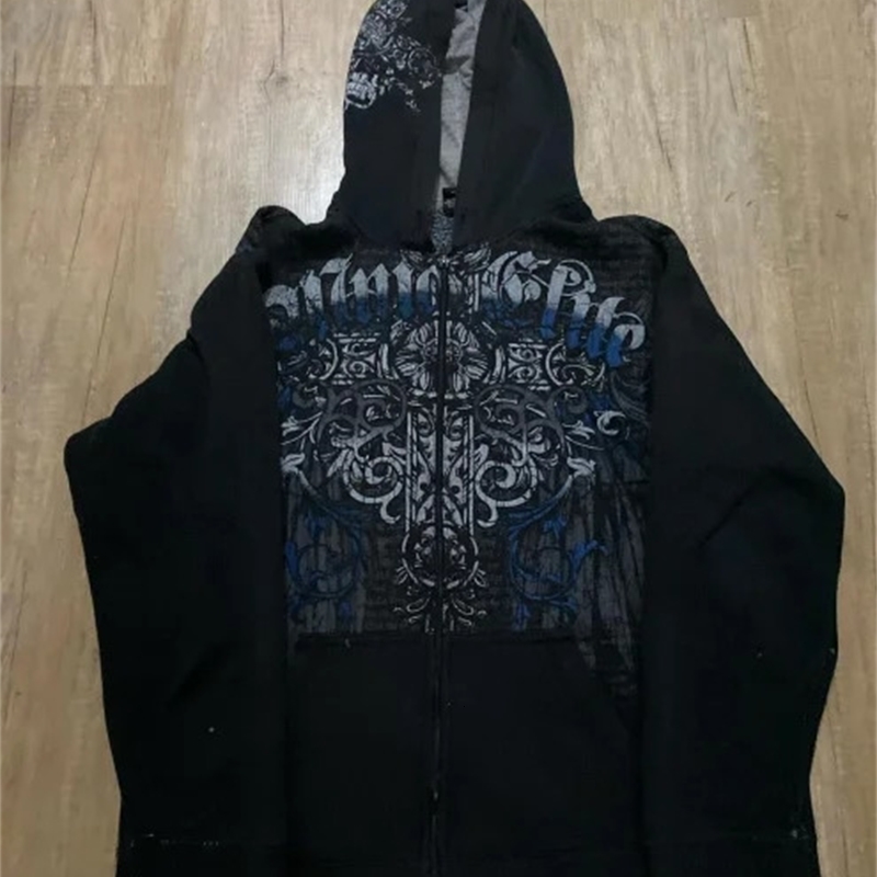 Woman Hoodie Gothic Embroidery Hoodies Y2k Anime Casual Loose Harajuku Oversize Hip Hop Long Sleeve Zipper Tops Korean Punk 240919