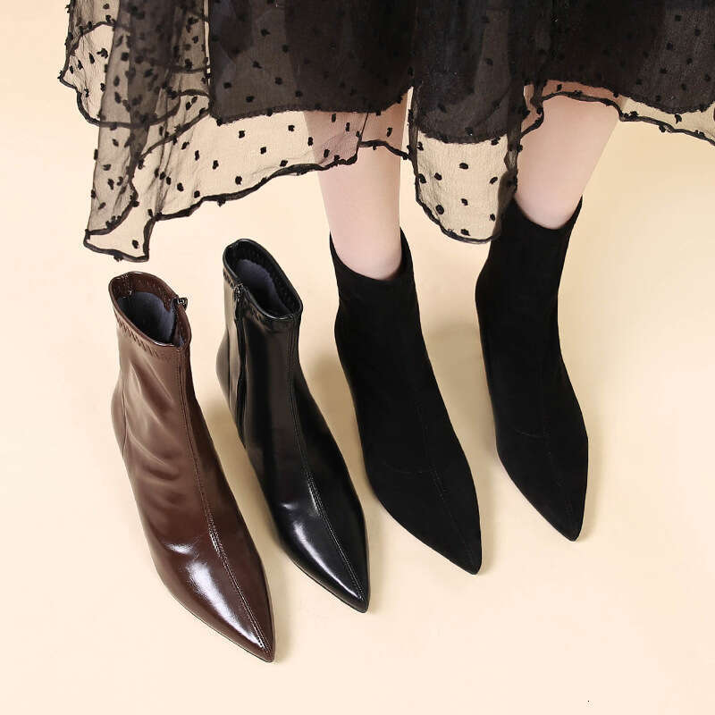 Designer Boot Sheepskin Pointed Short Boots For Women, 2024 Autumn And Winter New Style, Fashionable And Simple, Slim Heels High Heels Fashionable Tem