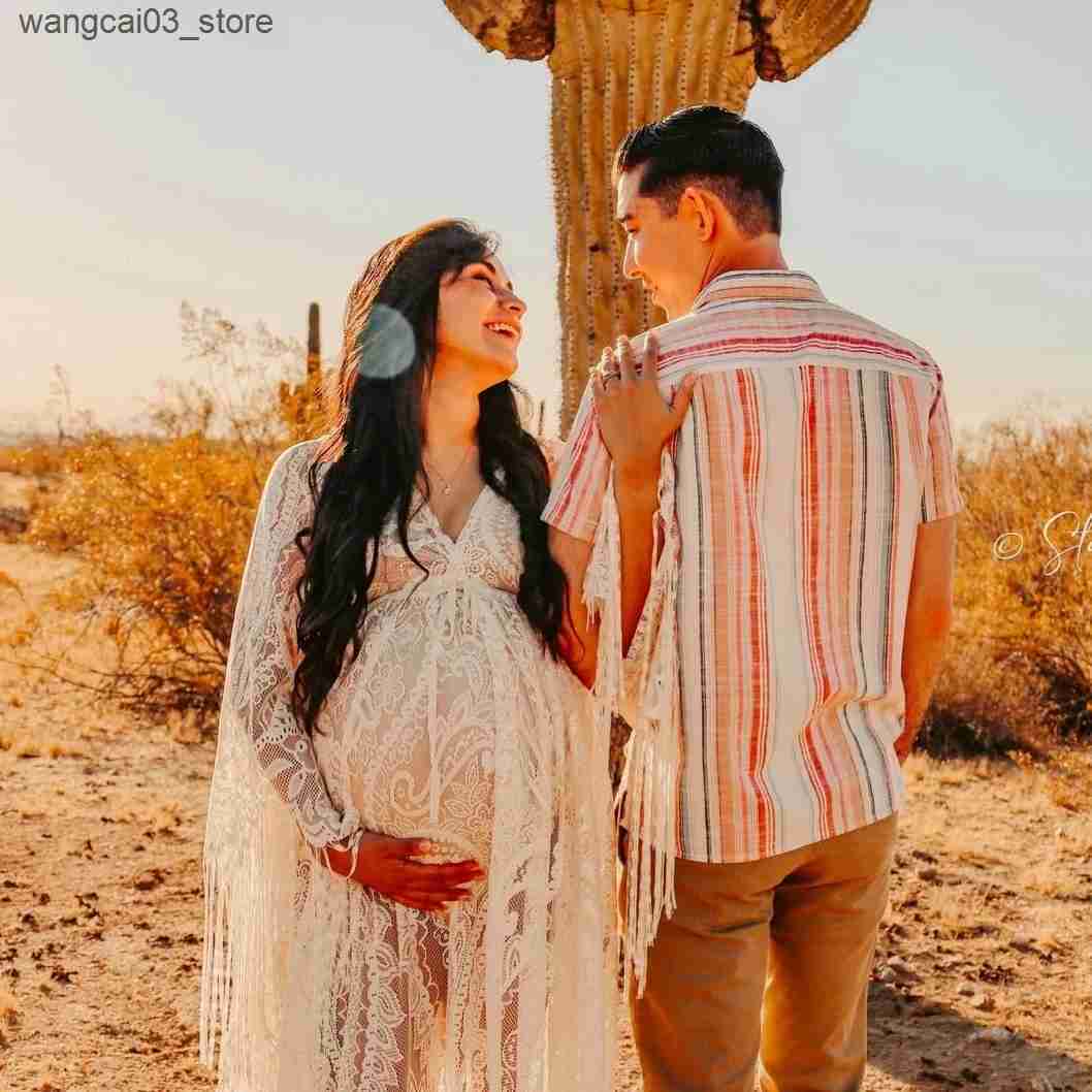 Maternity Dresses Vintage Lace Boho Maternity Photography Dresses V-neck Bohemian Pregnancy Outfit Photoshoot Session Dress L240910
