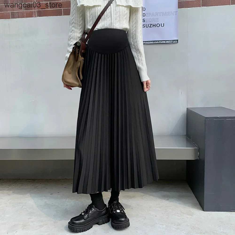 Maternity Dresses 2023 Autumn Winter Pleated Thick Warm Maternity Skirts Elastic Waist Belly Casual Clothes for Pregnant Women Pregnancy vestidos L240