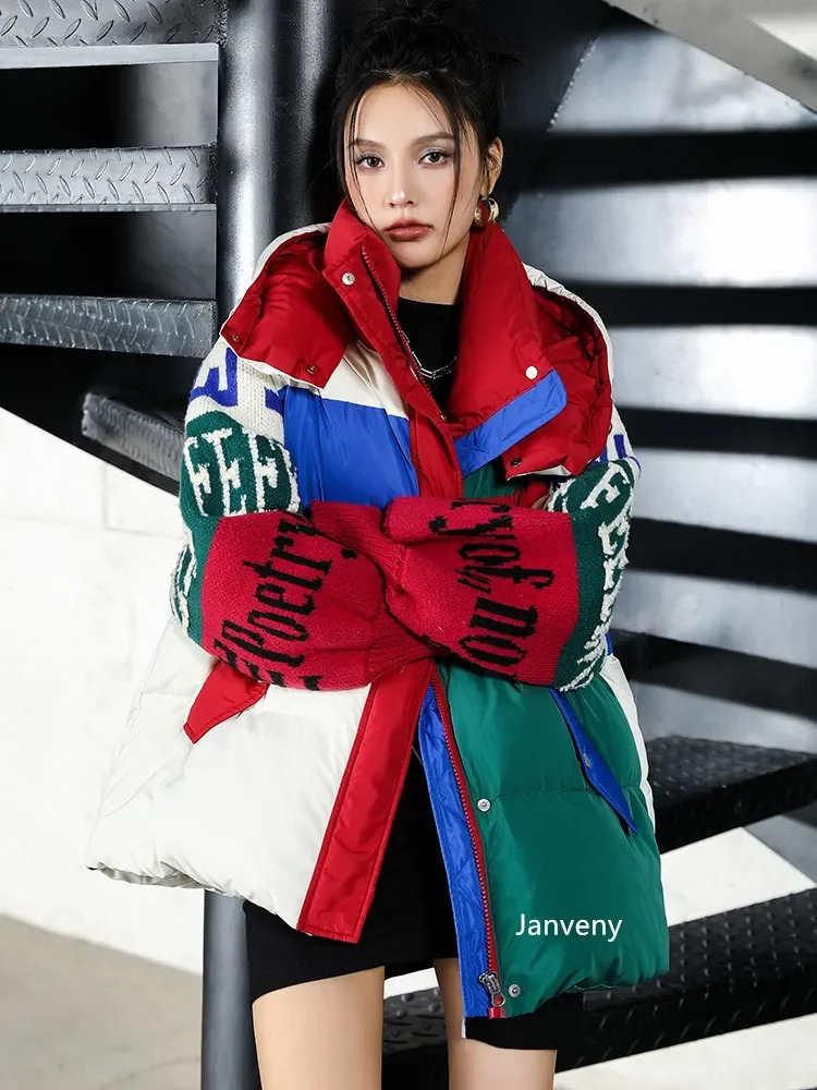 Fashion Street Clothing Letter Splicing Inflatable Jacket Womens Loose Park Winter Thick 90% Duck Down Coat 241010